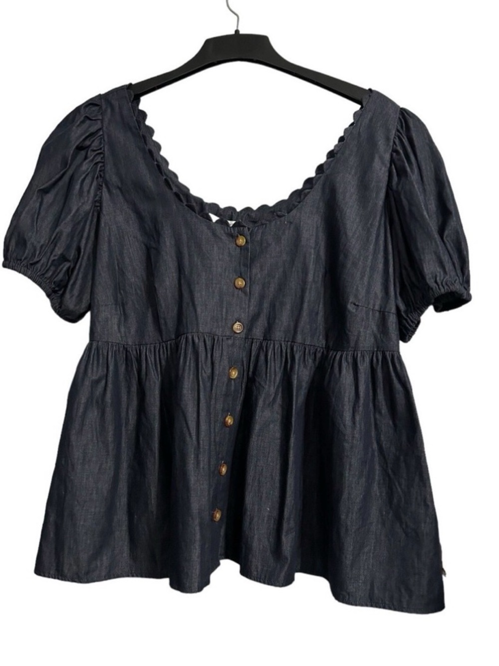 Kika Vargas Navy Puff-Sleeve Button-Front Peplum Blouse